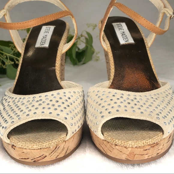 Steve Madden Glitery Rhinestones Suede Leather Cork Peep Toe Wedge Heels 6.5M - Picture 8 of 10